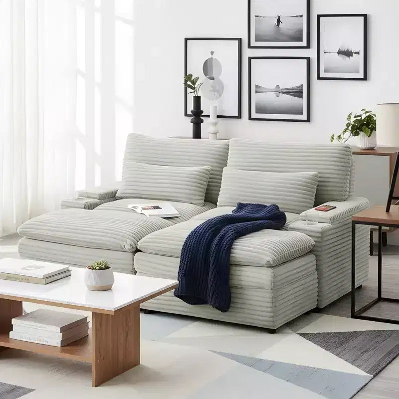 Modern Corduroy Loveseat Sofa with Two Movable Ottomans