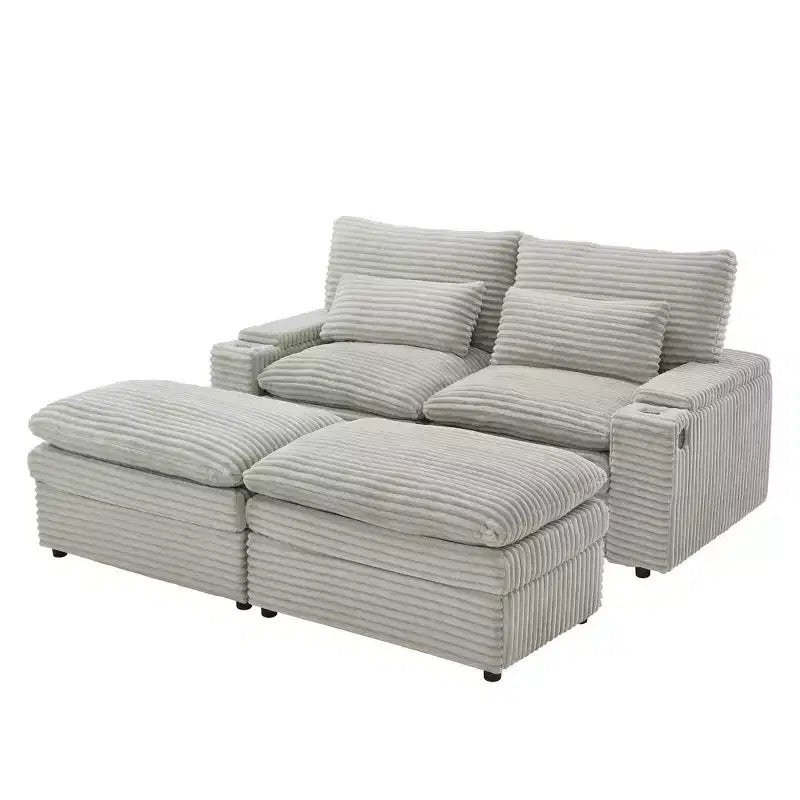 Modern Corduroy Loveseat Sofa with Two Movable Ottomans
