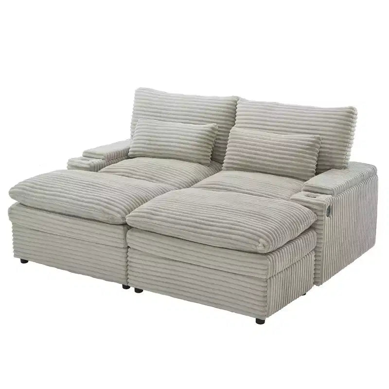 Modern Corduroy Loveseat Sofa with Two Movable Ottomans