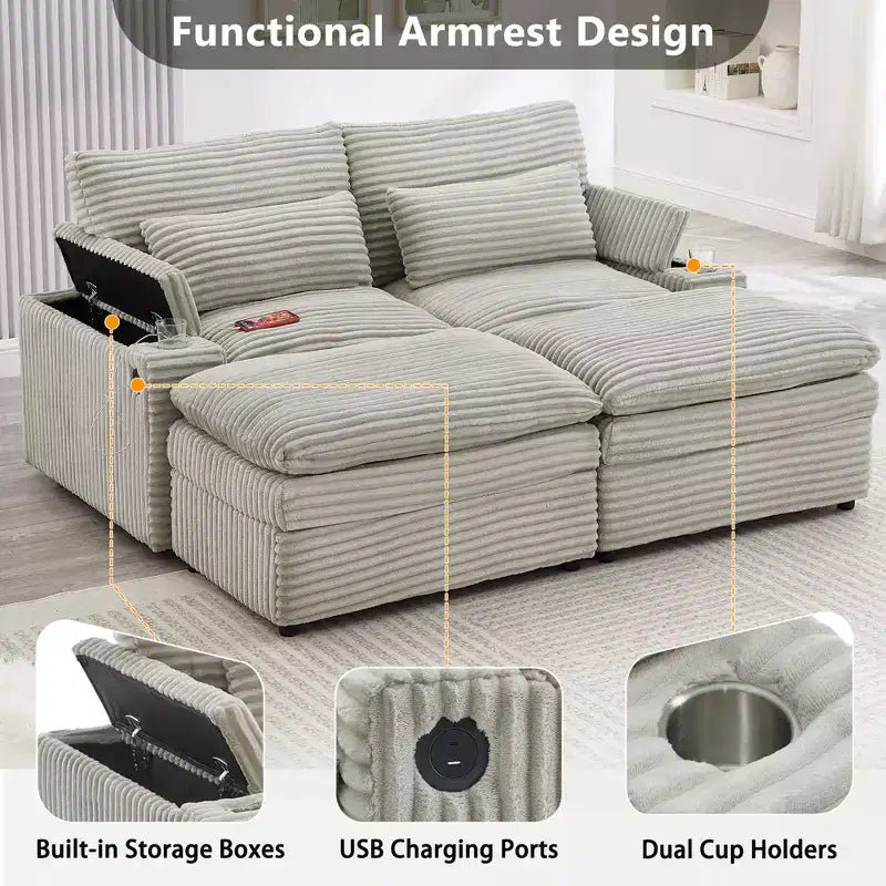 Modern Corduroy Loveseat Sofa with Two Movable Ottomans