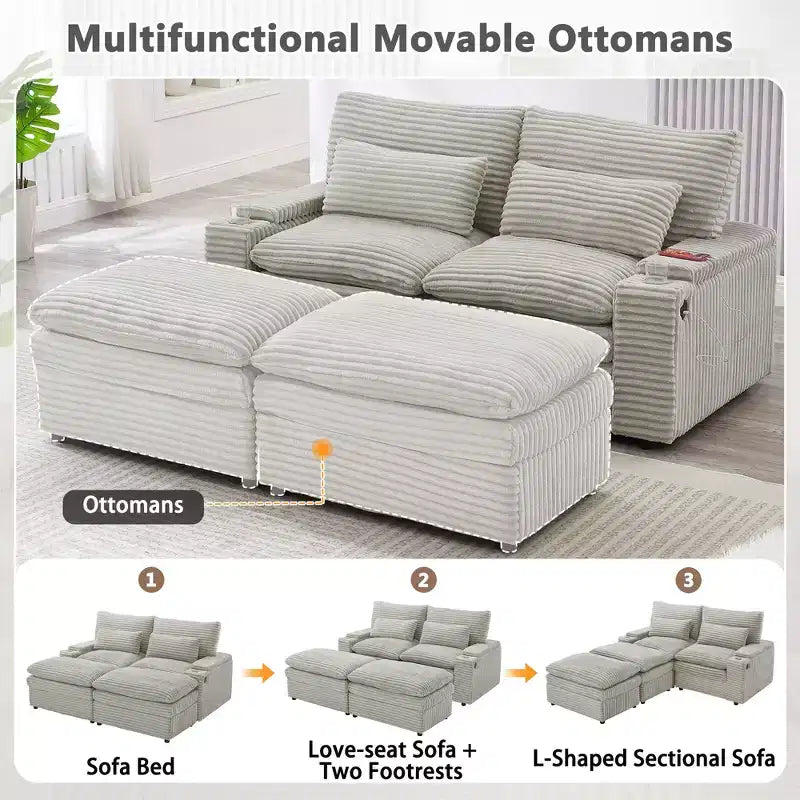 Modern Corduroy Loveseat Sofa with Two Movable Ottomans