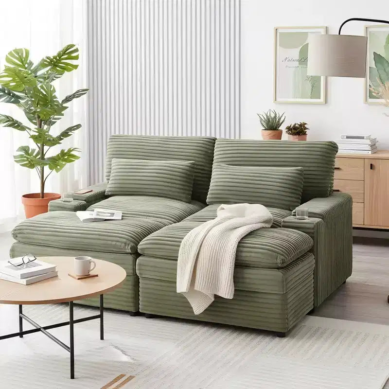 Modern Corduroy Loveseat Sofa with Two Movable Ottomans