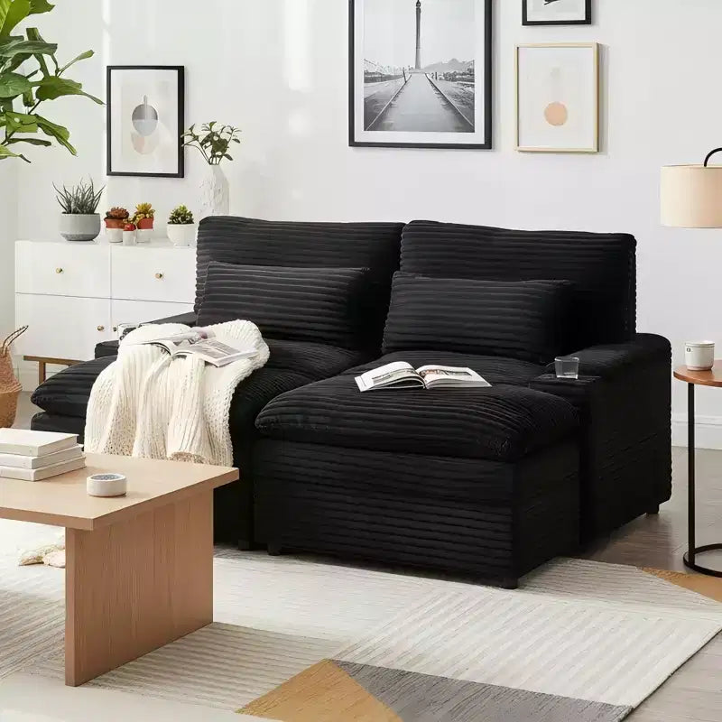 Modern Corduroy Loveseat Sofa with Two Movable Ottomans