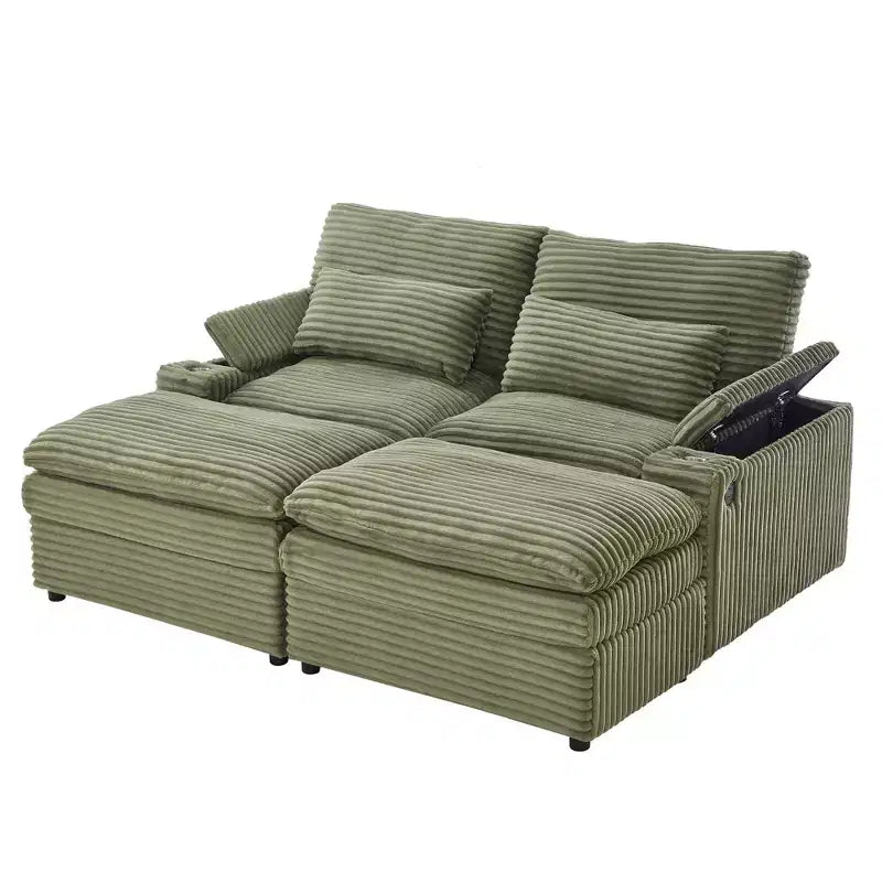 Modern Corduroy Loveseat Sofa with Two Movable Ottomans