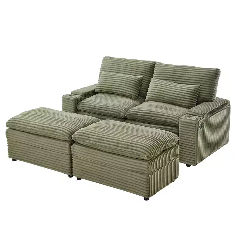 Modern Corduroy Loveseat Sofa with Two Movable Ottomans