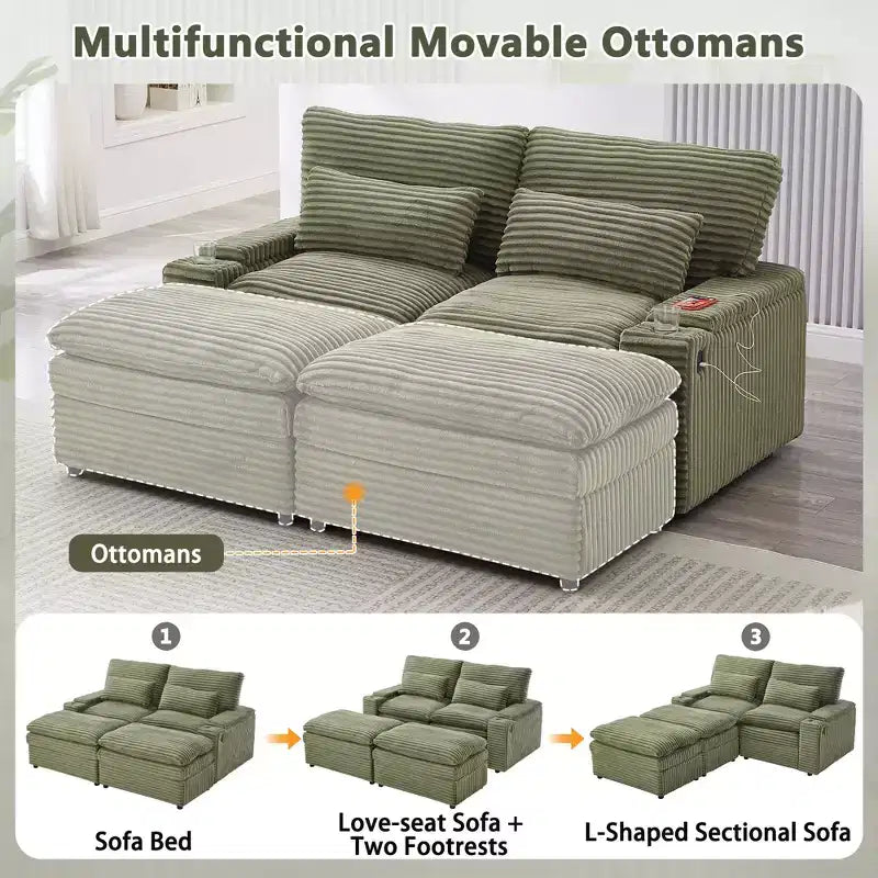 Modern Corduroy Loveseat Sofa with Two Movable Ottomans