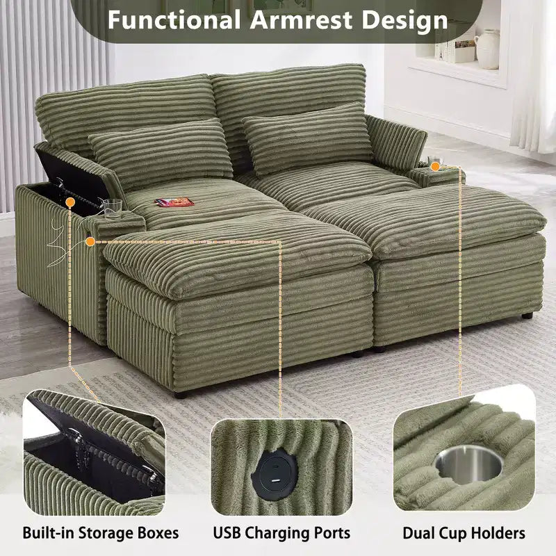 Modern Corduroy Loveseat Sofa with Two Movable Ottomans