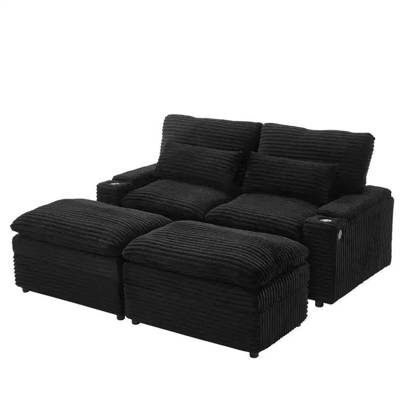 Modern Corduroy Loveseat Sofa with Two Movable Ottomans