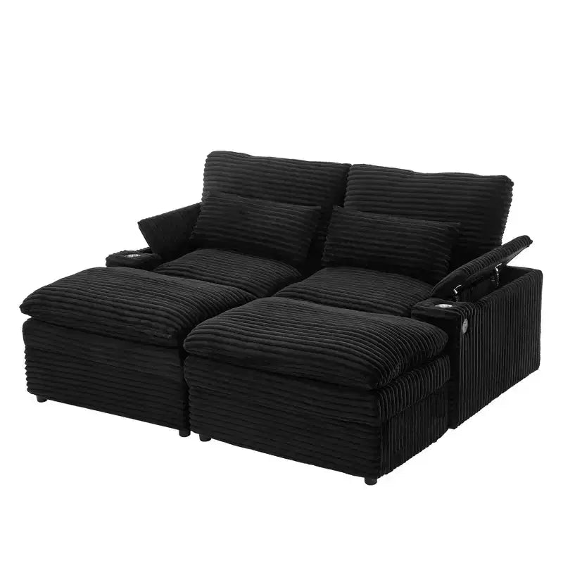 Modern Corduroy Loveseat Sofa with Two Movable Ottomans