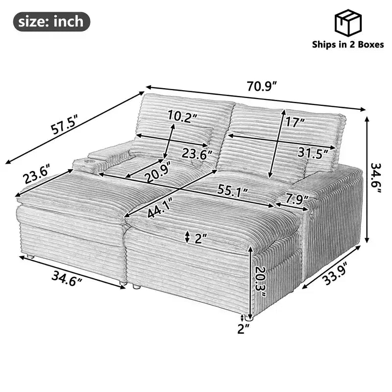 Modern Corduroy Loveseat Sofa with Two Movable Ottomans