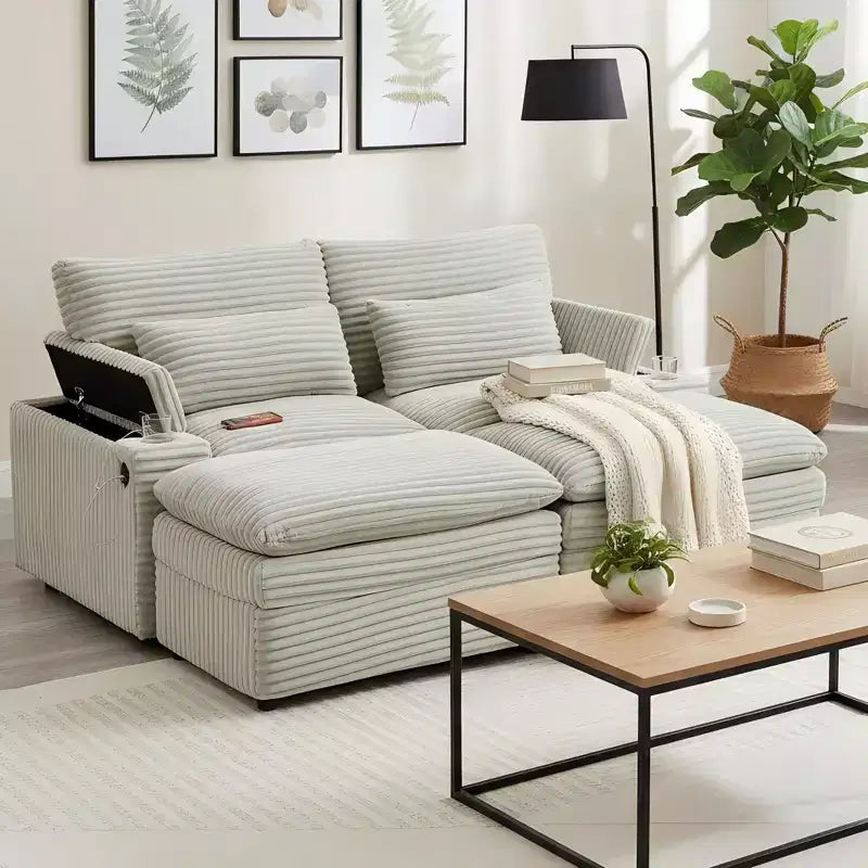Modern Corduroy Loveseat Sofa with Two Movable Ottomans