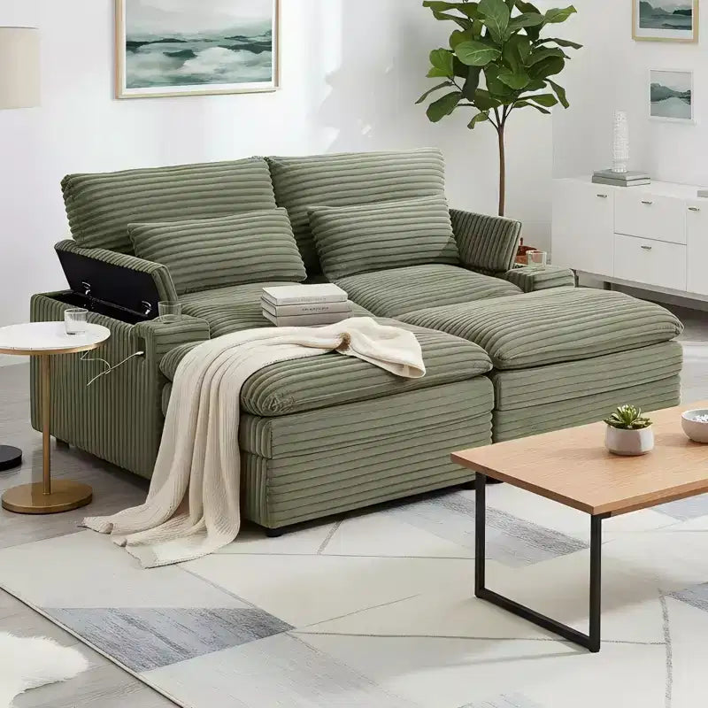 Modern Corduroy Loveseat Sofa with Two Movable Ottomans