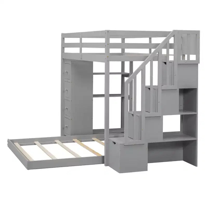 Twin over Full Separable Bunk Beds with Storage Stairs, Wood L-Shape Bunk Bed Frame with 4 Drawers and Shelves for Kids Teens Adults