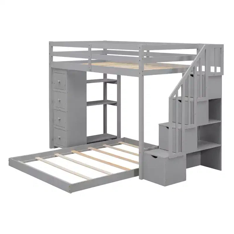 Twin over Full Separable Bunk Beds with Storage Stairs, Wood L-Shape Bunk Bed Frame with 4 Drawers and Shelves for Kids Teens Adults