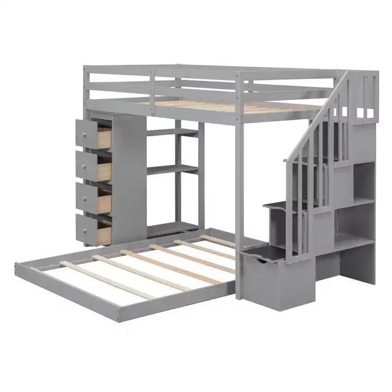 Twin over Full Separable Bunk Beds with Storage Stairs, Wood L-Shape Bunk Bed Frame with 4 Drawers and Shelves for Kids Teens Adults