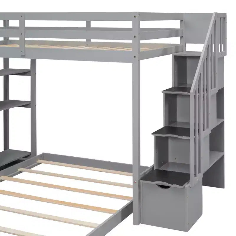 Twin over Full Separable Bunk Beds with Storage Stairs, Wood L-Shape Bunk Bed Frame with 4 Drawers and Shelves for Kids Teens Adults