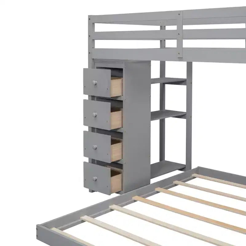 Twin over Full Separable Bunk Beds with Storage Stairs, Wood L-Shape Bunk Bed Frame with 4 Drawers and Shelves for Kids Teens Adults