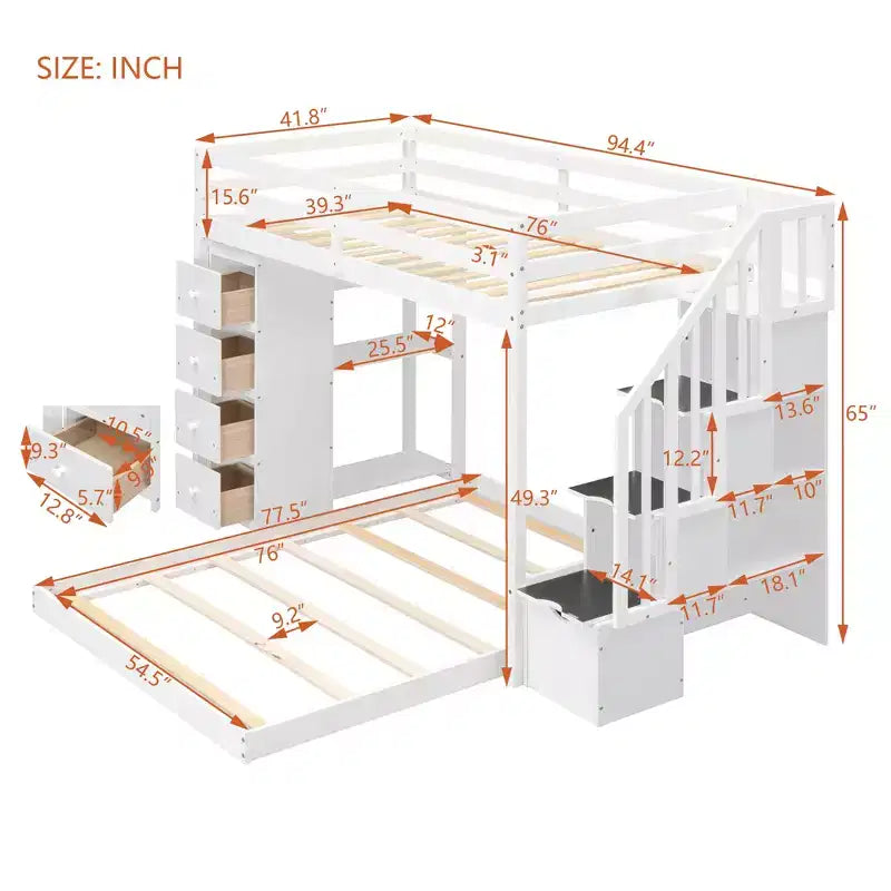 Twin over Full Separable Bunk Beds with Storage Stairs, Wood L-Shape Bunk Bed Frame with 4 Drawers and Shelves for Kids Teens Adults