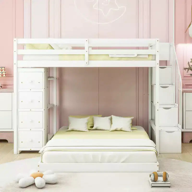 Twin over Full Separable Bunk Beds with Storage Stairs, Wood L-Shape Bunk Bed Frame with 4 Drawers and Shelves for Kids Teens Adults