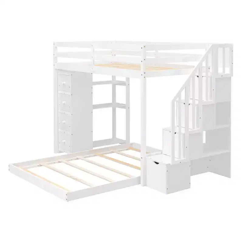 Twin over Full Separable Bunk Beds with Storage Stairs, Wood L-Shape Bunk Bed Frame with 4 Drawers and Shelves for Kids Teens Adults