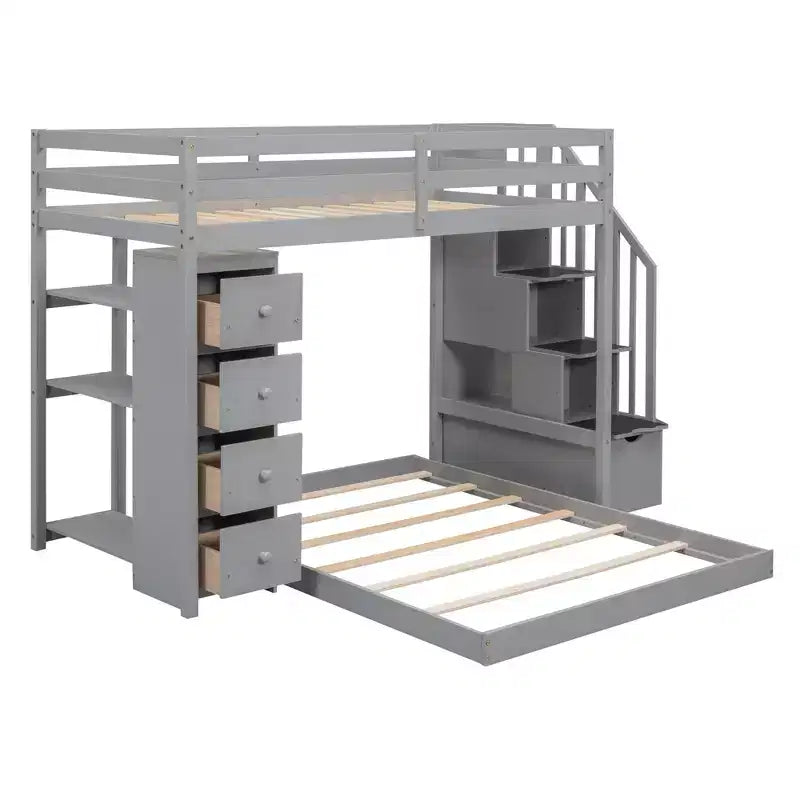 Twin over Full Separable Bunk Beds with Storage Stairs, Wood L-Shape Bunk Bed Frame with 4 Drawers and Shelves for Kids Teens Adults