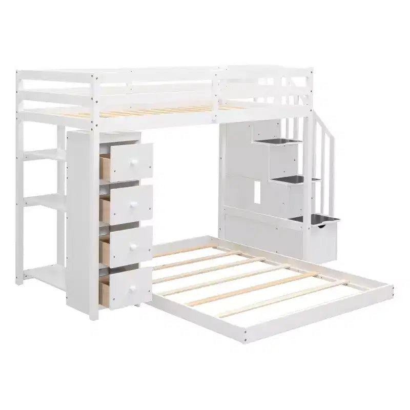 Twin over Full Separable Bunk Beds with Storage Stairs, Wood L-Shape Bunk Bed Frame with 4 Drawers and Shelves for Kids Teens Adults