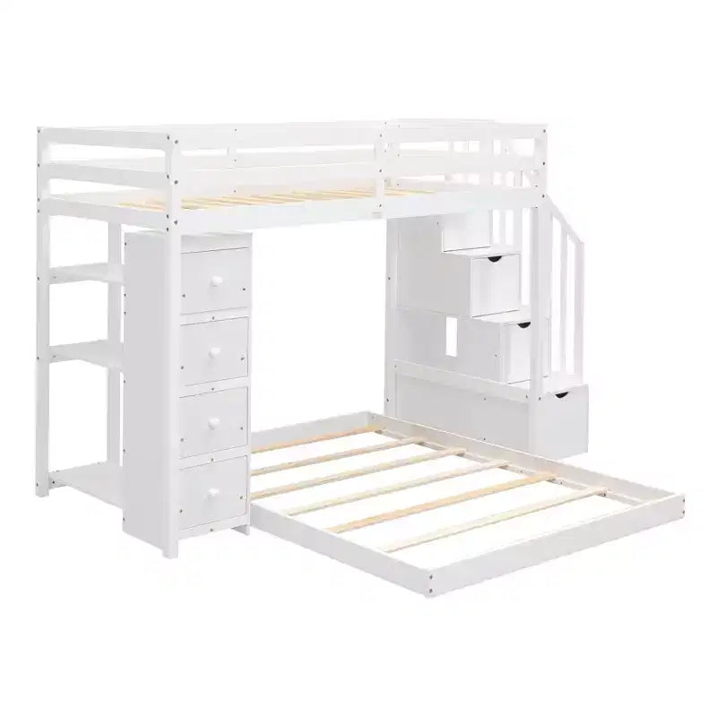 Twin over Full Separable Bunk Beds with Storage Stairs, Wood L-Shape Bunk Bed Frame with 4 Drawers and Shelves for Kids Teens Adults