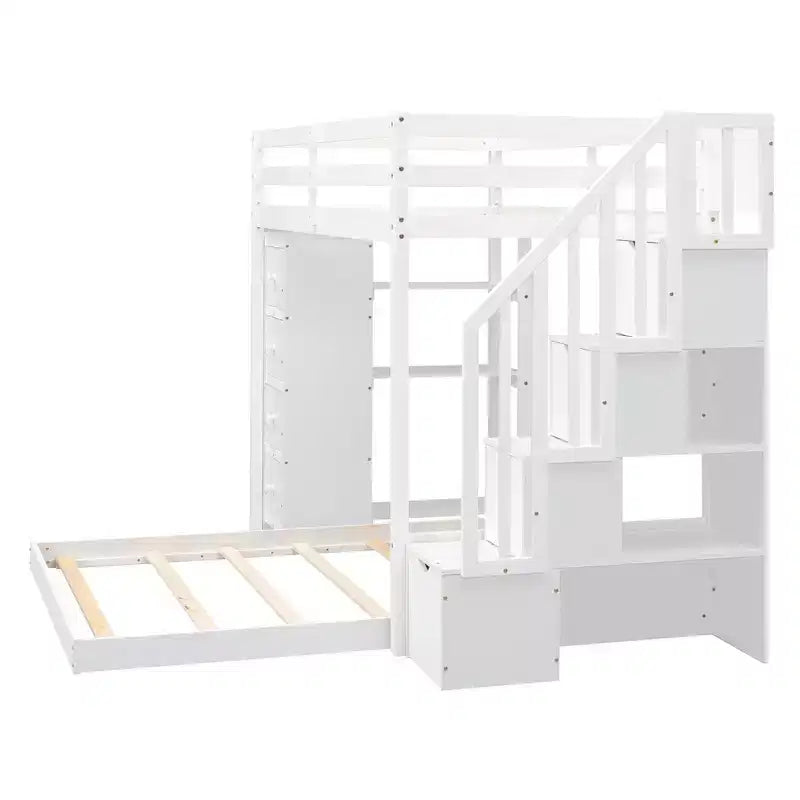 Twin over Full Separable Bunk Beds with Storage Stairs, Wood L-Shape Bunk Bed Frame with 4 Drawers and Shelves for Kids Teens Adults