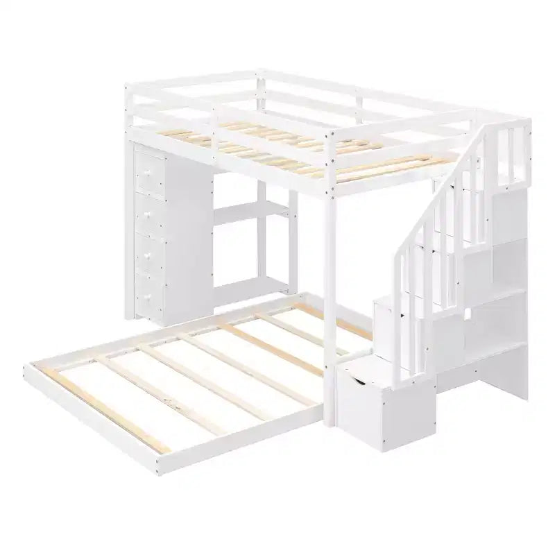 Twin over Full Separable Bunk Beds with Storage Stairs, Wood L-Shape Bunk Bed Frame with 4 Drawers and Shelves for Kids Teens Adults