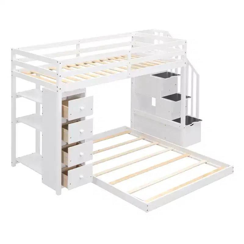 Twin over Full Separable Bunk Beds with Storage Stairs, Wood L-Shape Bunk Bed Frame with 4 Drawers and Shelves for Kids Teens Adults