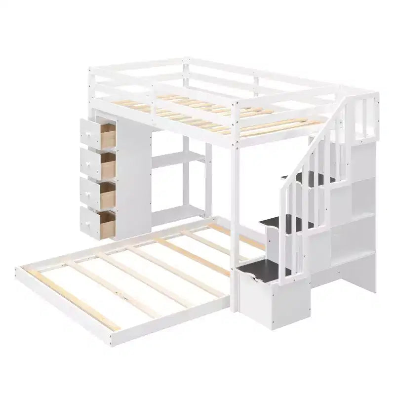 Twin over Full Separable Bunk Beds with Storage Stairs, Wood L-Shape Bunk Bed Frame with 4 Drawers and Shelves for Kids Teens Adults