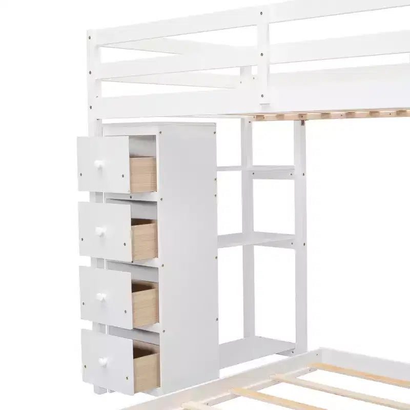 Twin over Full Separable Bunk Beds with Storage Stairs, Wood L-Shape Bunk Bed Frame with 4 Drawers and Shelves for Kids Teens Adults