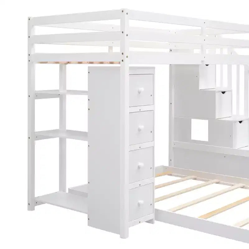 Twin over Full Separable Bunk Beds with Storage Stairs, Wood L-Shape Bunk Bed Frame with 4 Drawers and Shelves for Kids Teens Adults