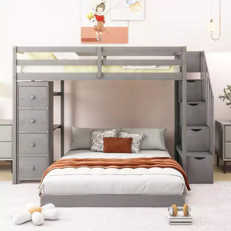 Twin over Full Separable Bunk Beds with Storage Stairs, Wood L-Shape Bunk Bed Frame with 4 Drawers and Shelves for Kids Teens Adults