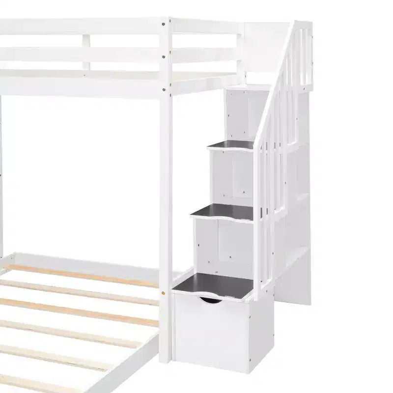 Twin over Full Separable Bunk Beds with Storage Stairs, Wood L-Shape Bunk Bed Frame with 4 Drawers and Shelves for Kids Teens Adults