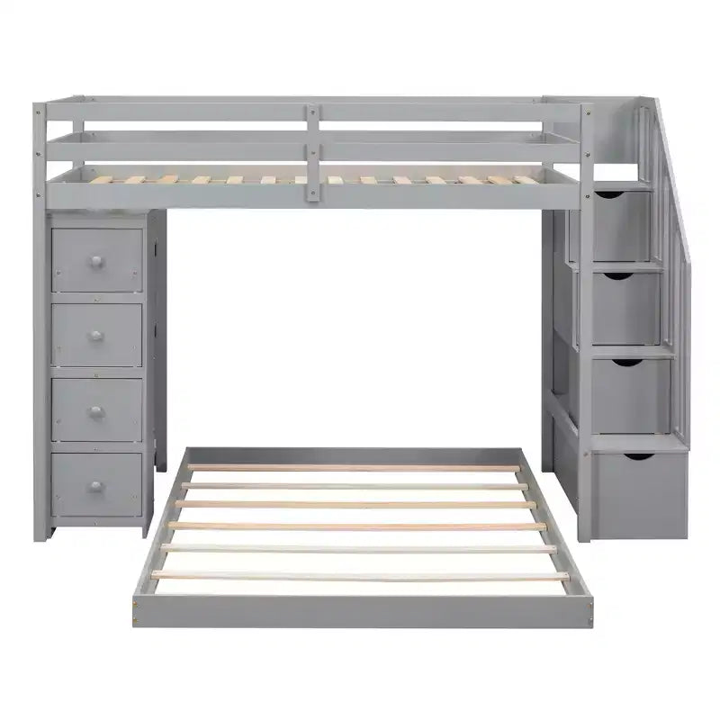 Twin over Full Separable Bunk Beds with Storage Stairs, Wood L-Shape Bunk Bed Frame with 4 Drawers and Shelves for Kids Teens Adults
