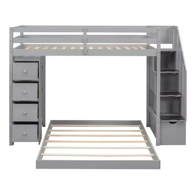 Twin over Full Separable Bunk Beds with Storage Stairs, Wood L-Shape Bunk Bed Frame with 4 Drawers and Shelves for Kids Teens Adults