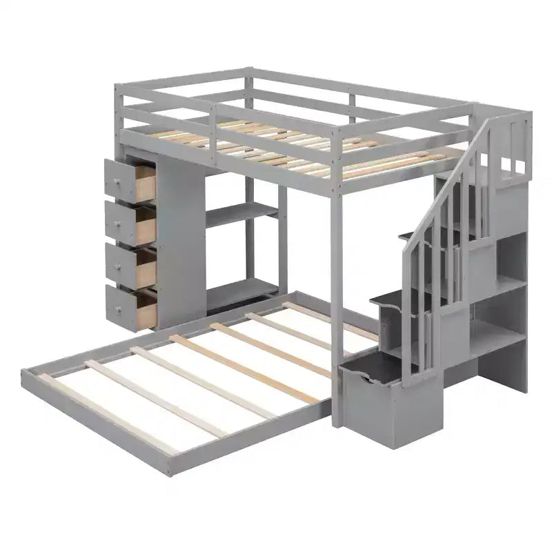 Twin over Full Separable Bunk Beds with Storage Stairs, Wood L-Shape Bunk Bed Frame with 4 Drawers and Shelves for Kids Teens Adults