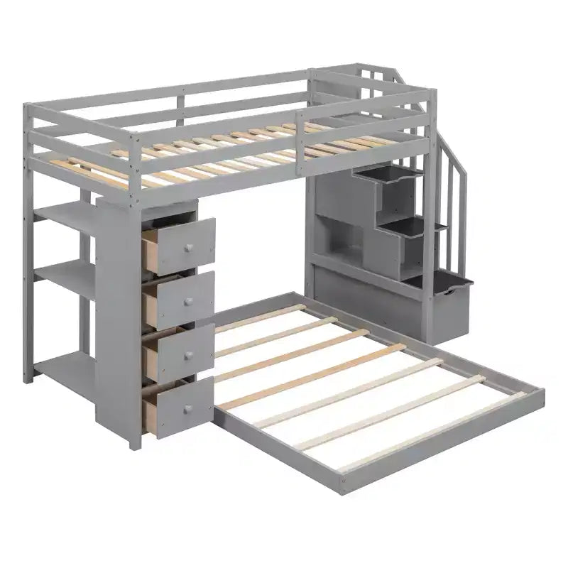 Twin over Full Separable Bunk Beds with Storage Stairs, Wood L-Shape Bunk Bed Frame with 4 Drawers and Shelves for Kids Teens Adults