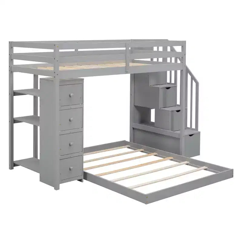 Twin over Full Separable Bunk Beds with Storage Stairs, Wood L-Shape Bunk Bed Frame with 4 Drawers and Shelves for Kids Teens Adults