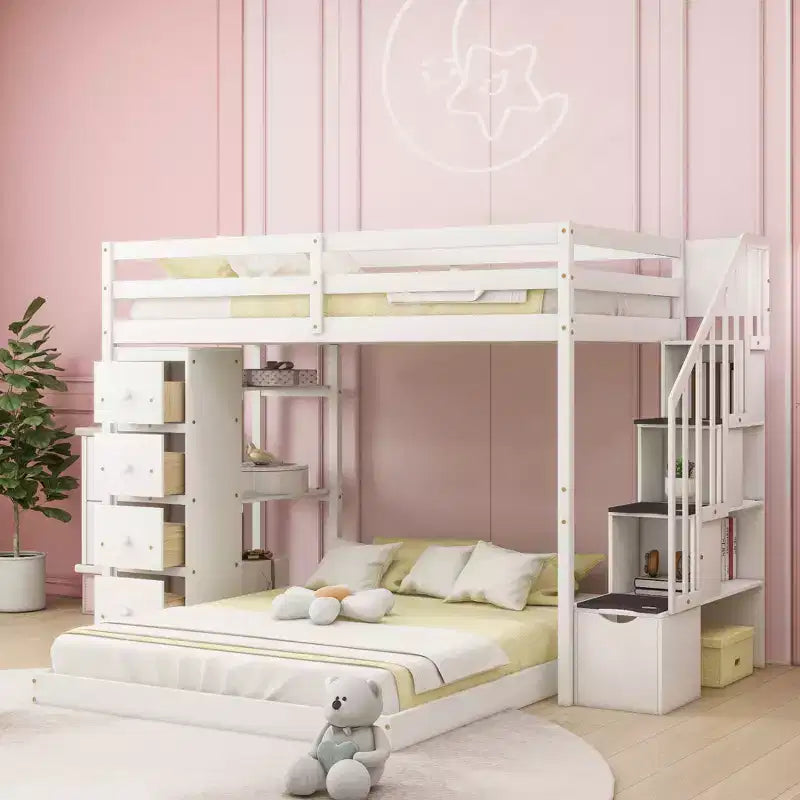 Twin over Full Separable Bunk Beds with Storage Stairs, Wood L-Shape Bunk Bed Frame with 4 Drawers and Shelves for Kids Teens Adults