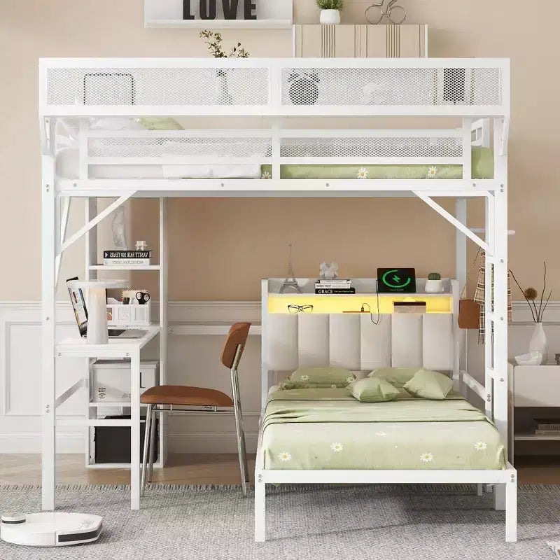 Full over Twin White Metal Bunk Bed with Desk and Bookshelves Detachable Metal Bunk Bed with LED and Charge Station