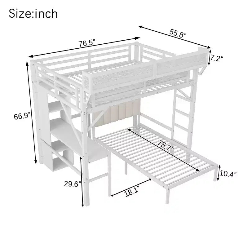 Full over Twin White Metal Bunk Bed with Desk and Bookshelves Detachable Metal Bunk Bed with LED and Charge Station
