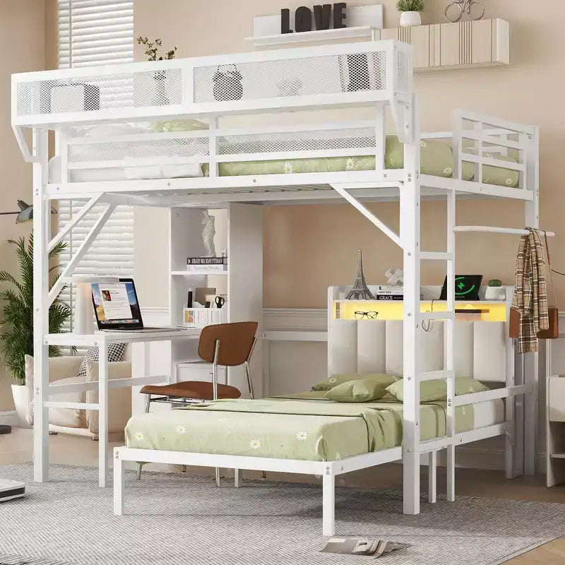 Full over Twin White Metal Bunk Bed with Desk and Bookshelves Detachable Metal Bunk Bed with LED and Charge Station