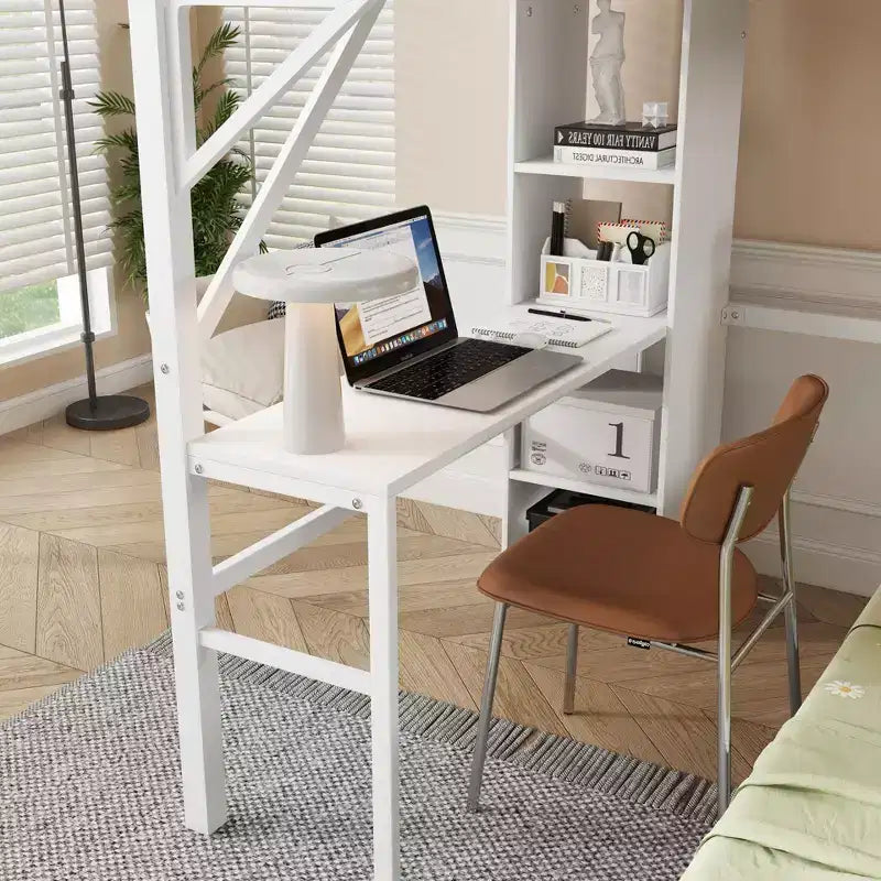 Full over Twin White Metal Bunk Bed with Desk and Bookshelves Detachable Metal Bunk Bed with LED and Charge Station