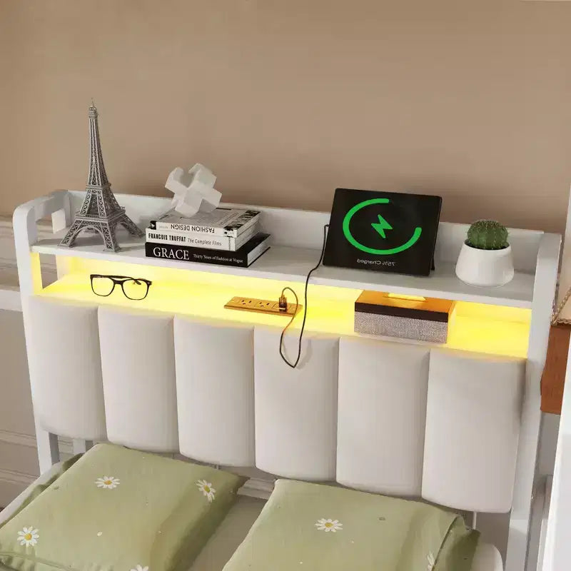 Full over Twin White Metal Bunk Bed with Desk and Bookshelves Detachable Metal Bunk Bed with LED and Charge Station
