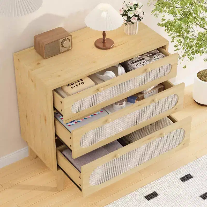 Natural Rattan Dresser, 3 Drawer Dresser Rattan Nightstand Small Boho Cabinet,Handles and Wooden Legs,Bed Side Table