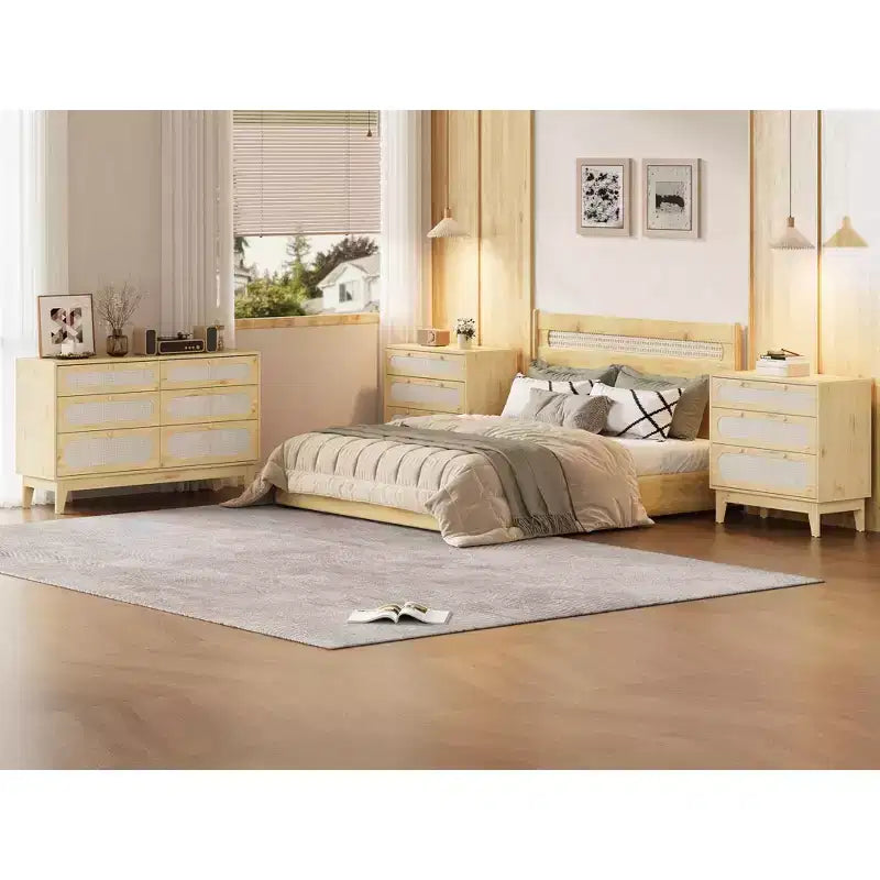 Natural Rattan Dresser, 3 Drawer Dresser Rattan Nightstand Small Boho Cabinet,Handles and Wooden Legs,Bed Side Table