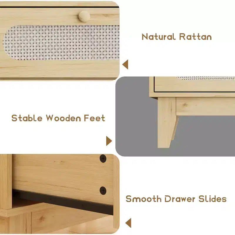 Natural Rattan Dresser, 3 Drawer Dresser Rattan Nightstand Small Boho Cabinet,Handles and Wooden Legs,Bed Side Table