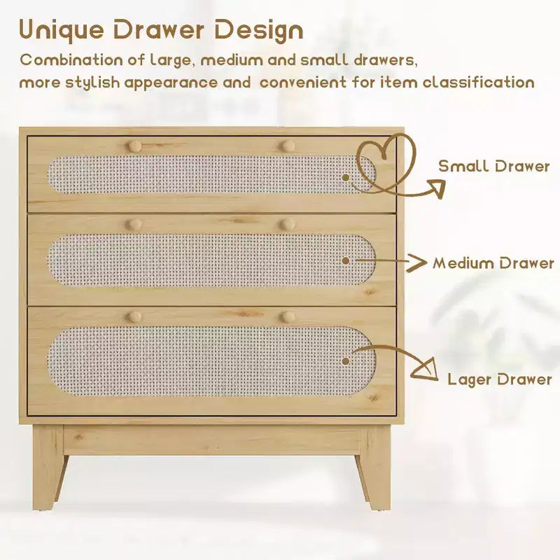 Natural Rattan Dresser, 3 Drawer Dresser Rattan Nightstand Small Boho Cabinet,Handles and Wooden Legs,Bed Side Table